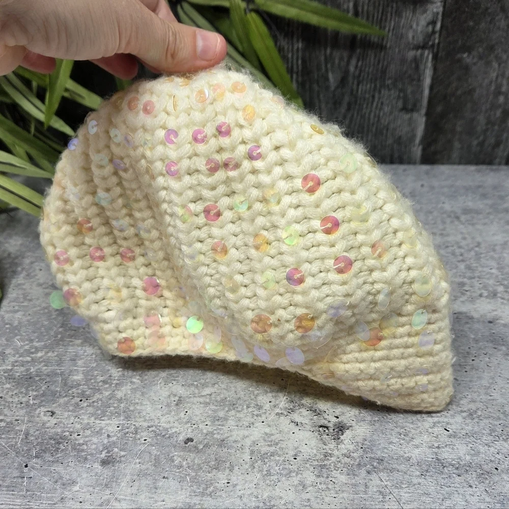 Justice Girls Cream Beanie Hat with Pastel Sequins